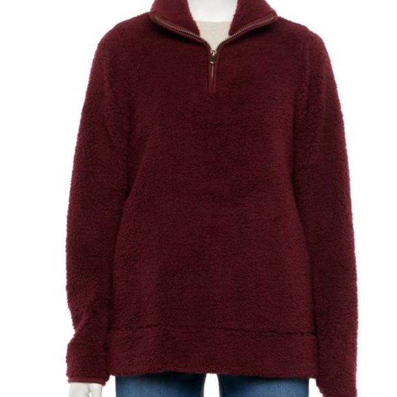 Womens Sherpa Sweater Sonoma Red Large Collared Zip Neck Pullover Long Sleeves - Picture 1 of 5